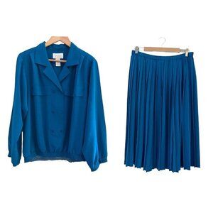 Vintage Da Rue Womens Blue Long Sleeves Blouse Pleated Skirt 2 Piece Set Size 12